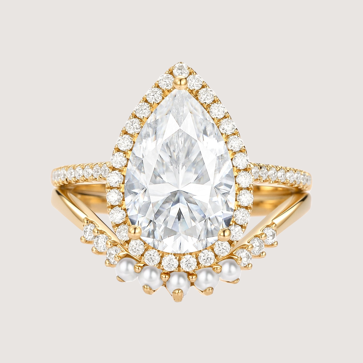 4.0ct Pear Moissanite & Pearl Classic Halo Ring Set 2pcs - Verena