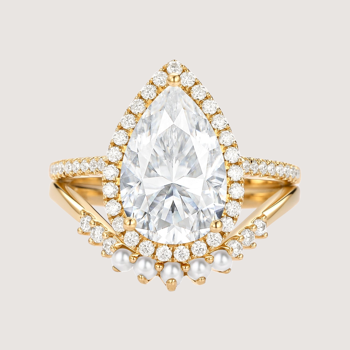 4.0ct Pear Moissanite &amp; Pearl Classic Halo Ring Set 2pcs - Verena