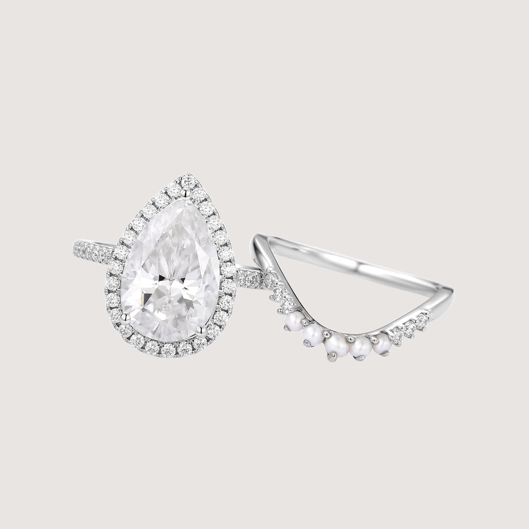 4.0ct Pear Moissanite &amp; Pearl Classic Halo Ring Set 2pcs - Verena