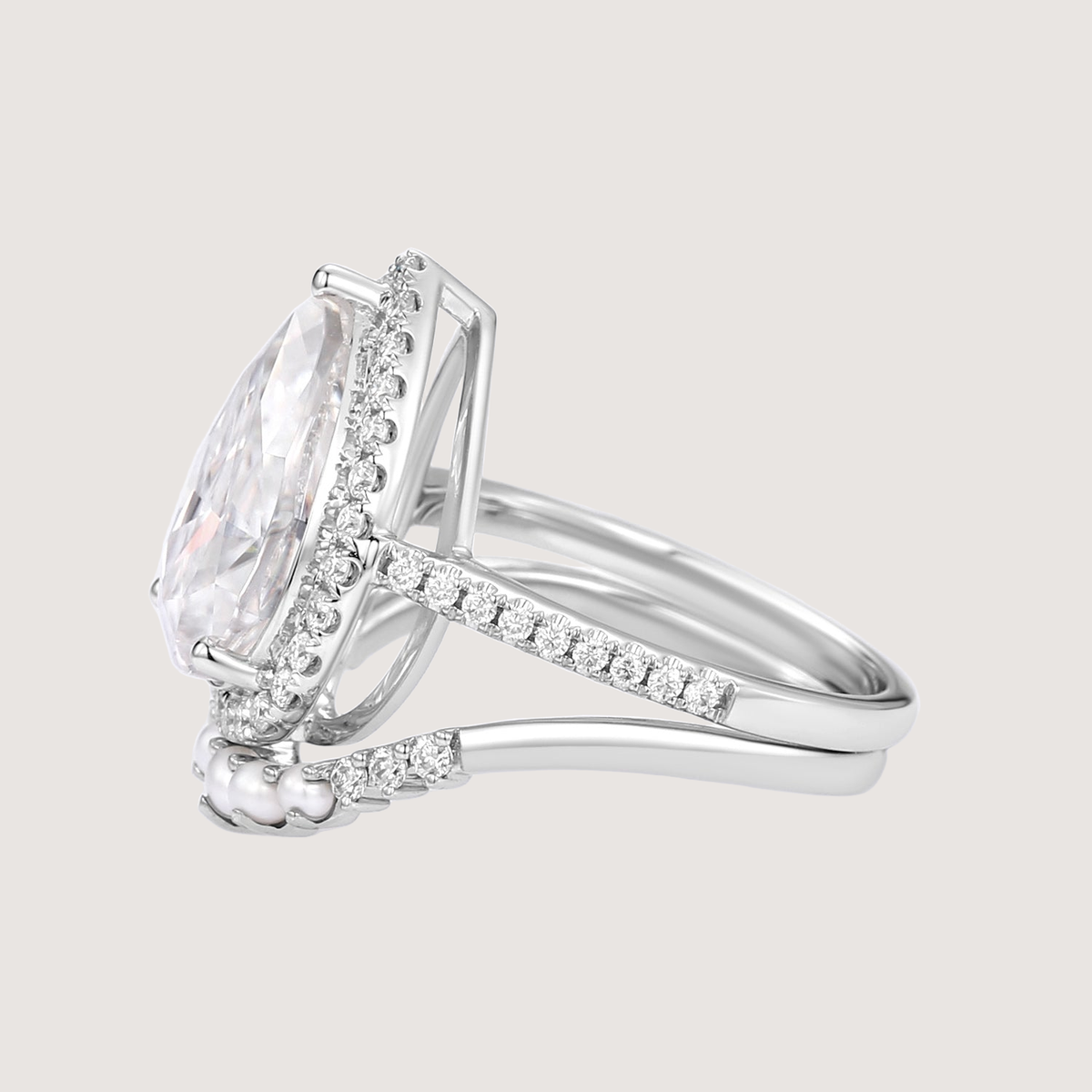 4.0ct Pear Moissanite & Pearl Classic Halo Ring Set 2pcs - Verena