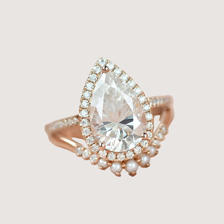 4.0ct Pear Moissanite &amp; Pearl Classic Halo Ring Set 2pcs - Verena