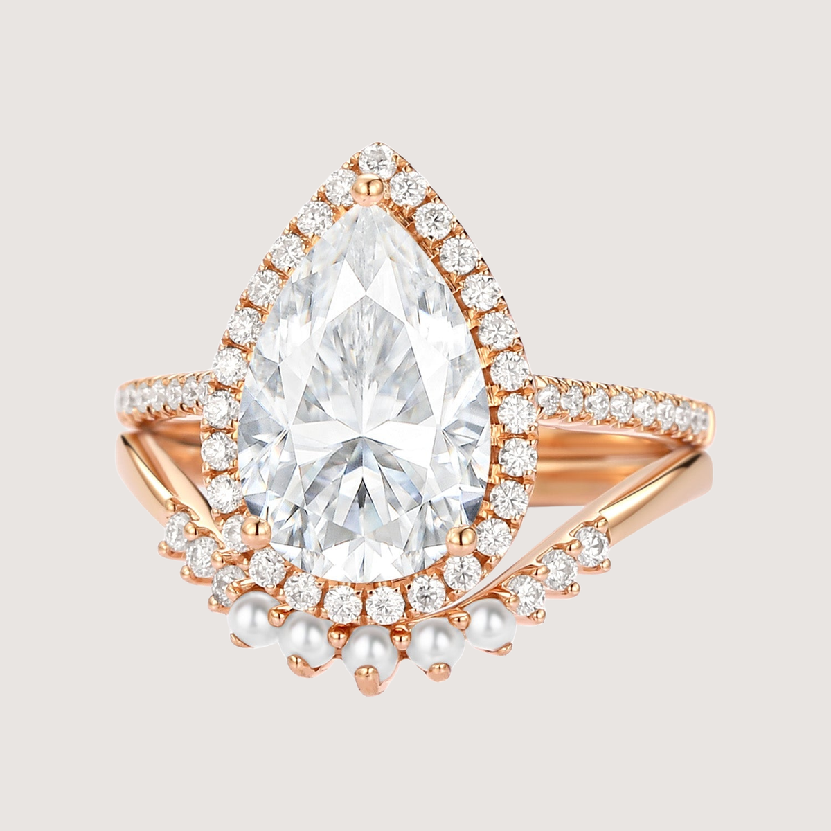 4.0ct Pear Moissanite & Pearl Classic Halo Ring Set 2pcs - Verena