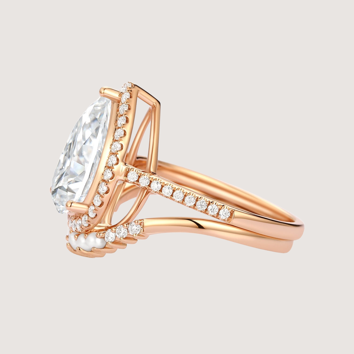 4.0ct Pear Moissanite & Pearl Classic Halo Ring Set 2pcs - Verena