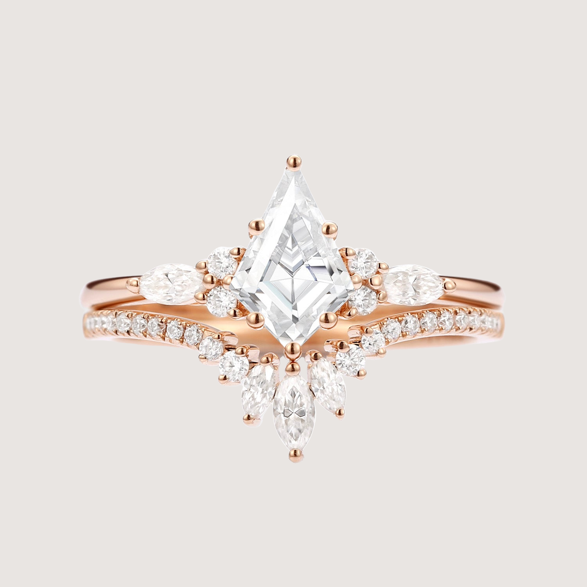 Unique Kite Cut Moissanite Classic Engagement Ring Set 2pcs - Rebecca