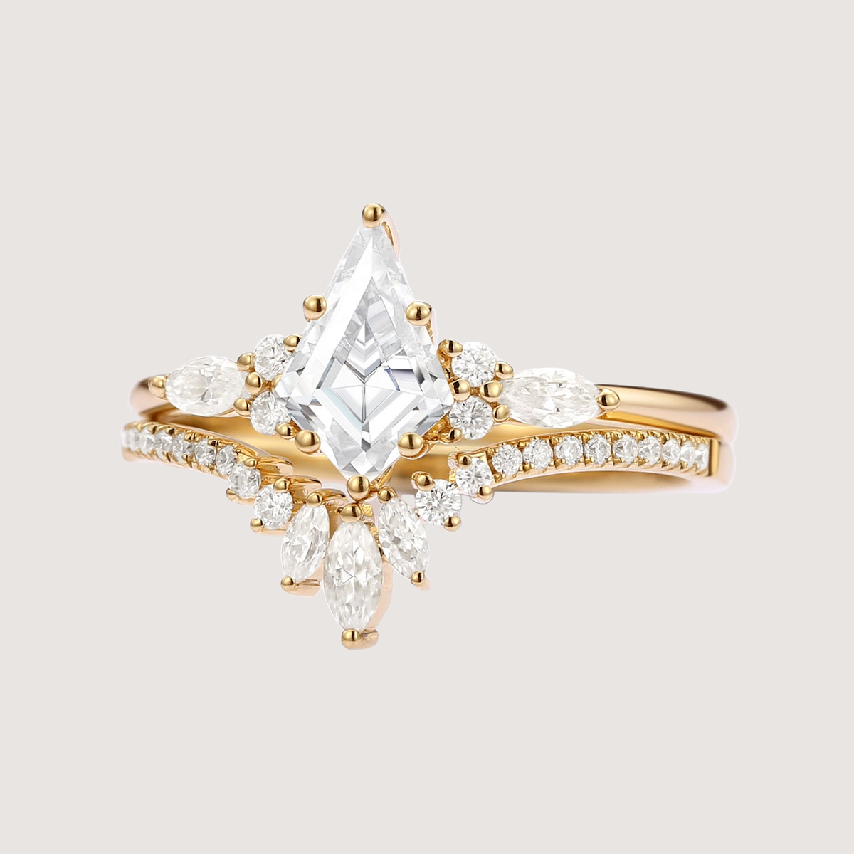 Unique Kite Cut Moissanite Classic Engagement Ring Set 2pcs - Rebecca
