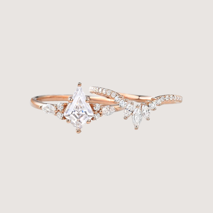 Unique Kite Cut Moissanite Classic Engagement Ring Set 2pcs - Rebecca