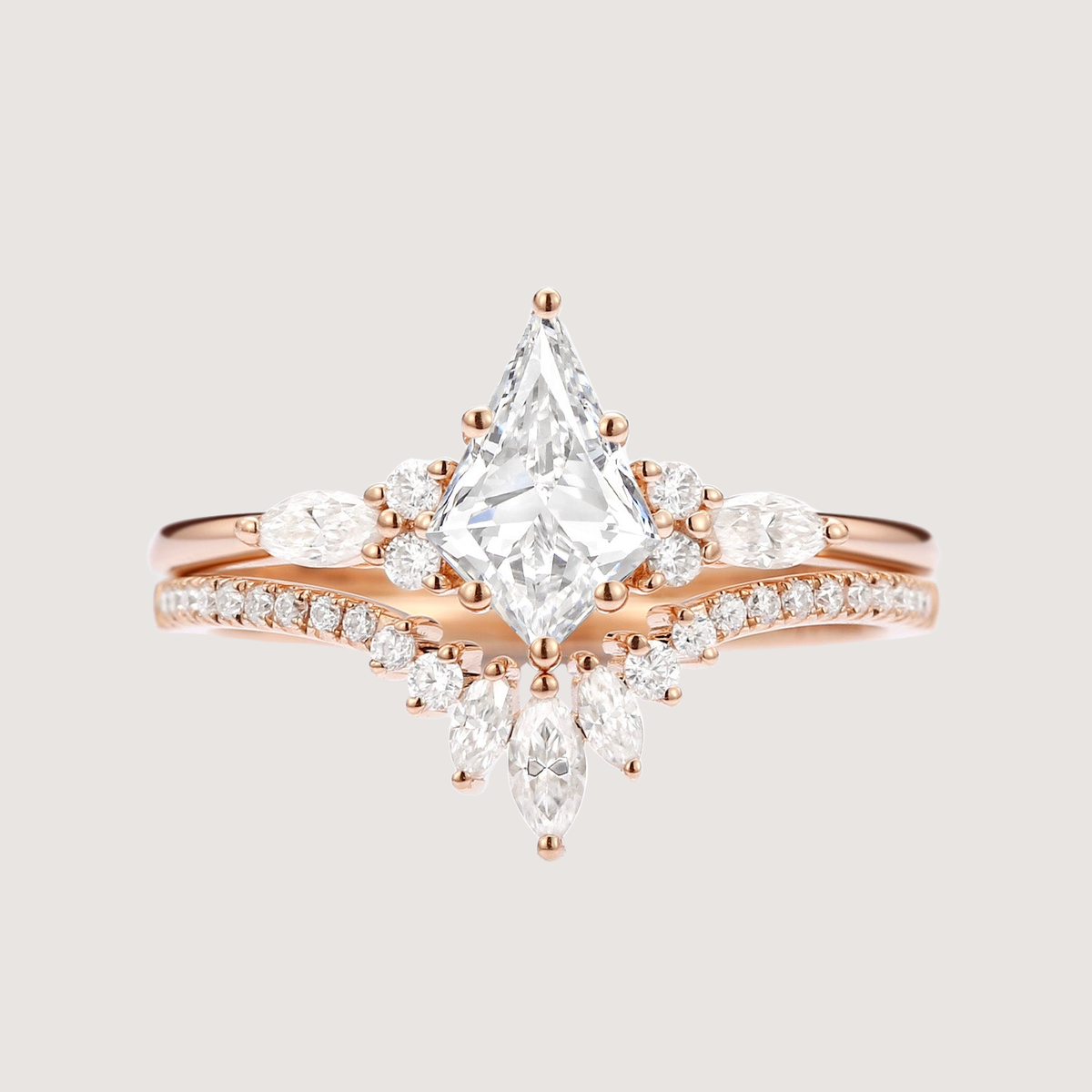 Unique Kite Cut Moissanite Classic Engagement Ring Set 2pcs - Rebecca