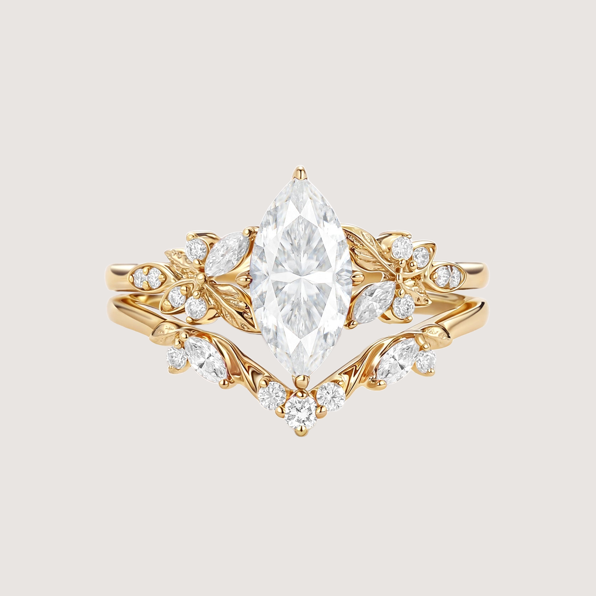 Marquise Moissanite Leafy Engagement Ring Sets 2pcs - Peony