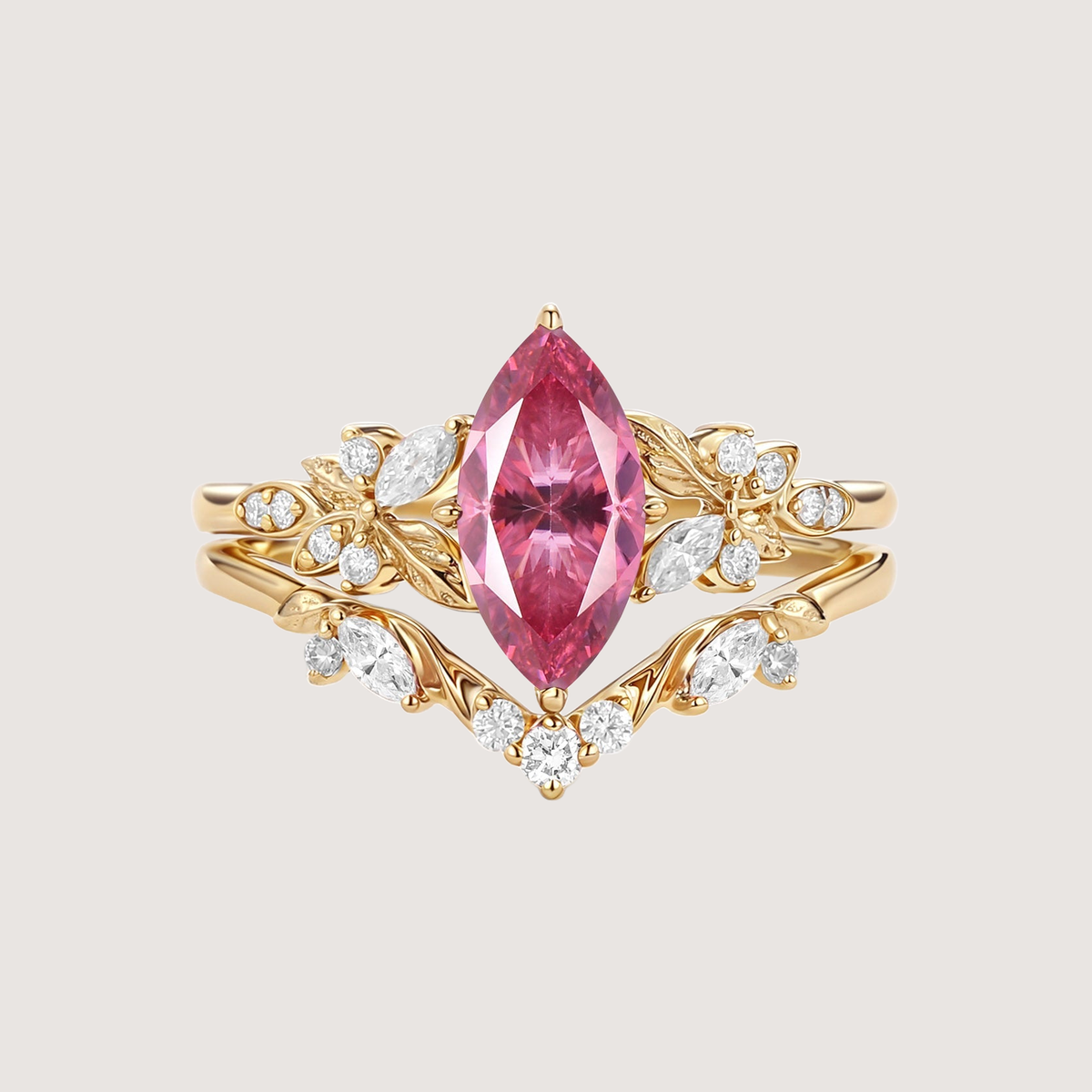 Marquise Moissanite Leafy Engagement Ring Sets 2pcs - Peony