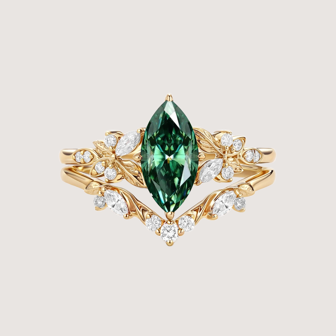 Marquise Moissanite Leafy Engagement Ring Sets 2pcs - Peony