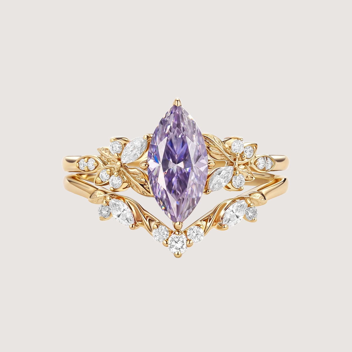 Marquise Moissanite Leafy Engagement Ring Sets 2pcs - Peony