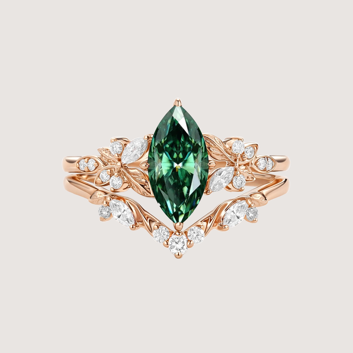 Marquise Moissanite Leafy Engagement Ring Sets 2pcs - Peony