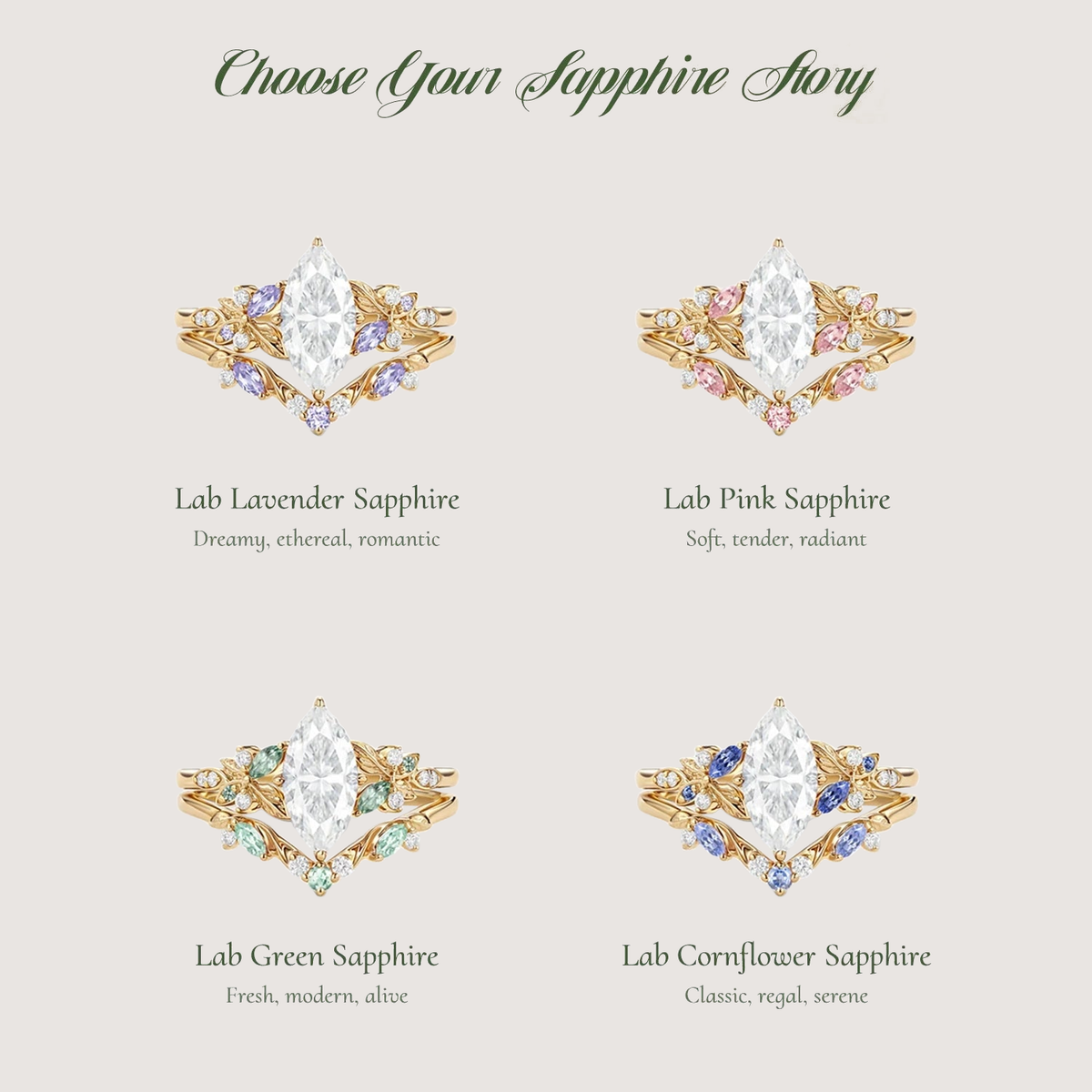 Marquise Moissanite Leafy Engagement Ring Sets 2pcs - Peony