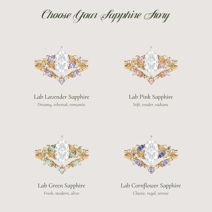 Marquise Moissanite Leafy Engagement Ring Sets 2pcs - Peony