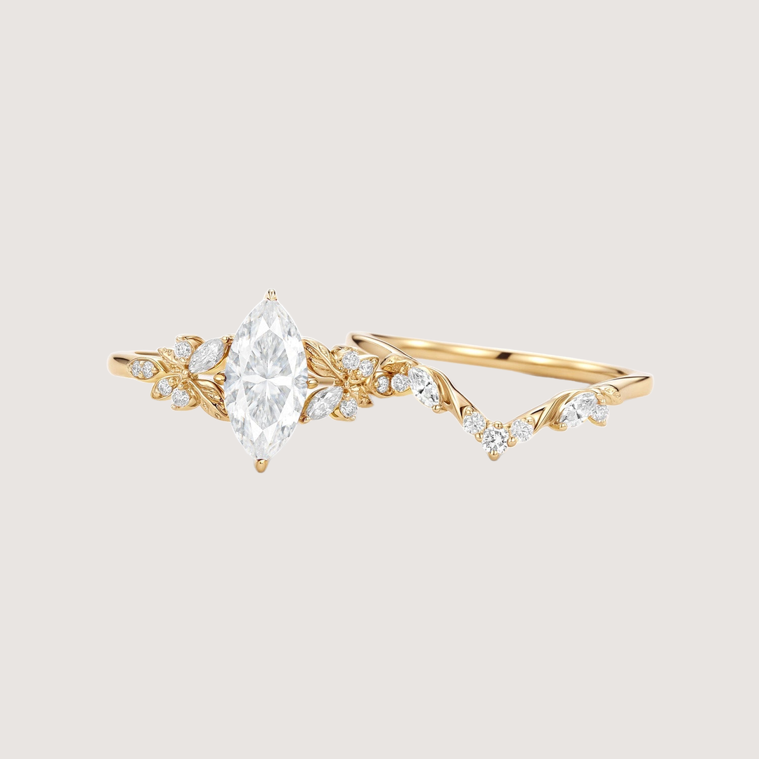 Marquise Moissanite Leafy Engagement Ring Sets 2pcs - Peony