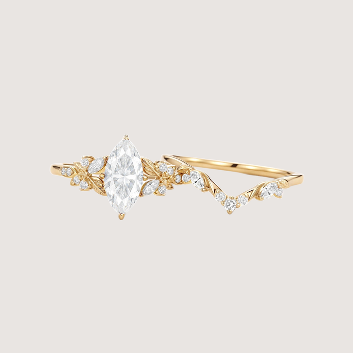 Marquise Moissanite Leafy Engagement Ring Sets 2pcs - Peony