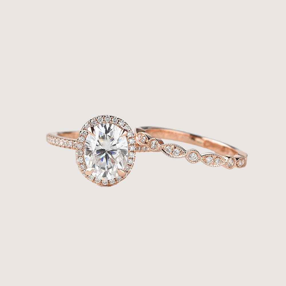 2.0ct Oval Moissanite Pave Vintage Halo Ring Set 2pcs - Olivia