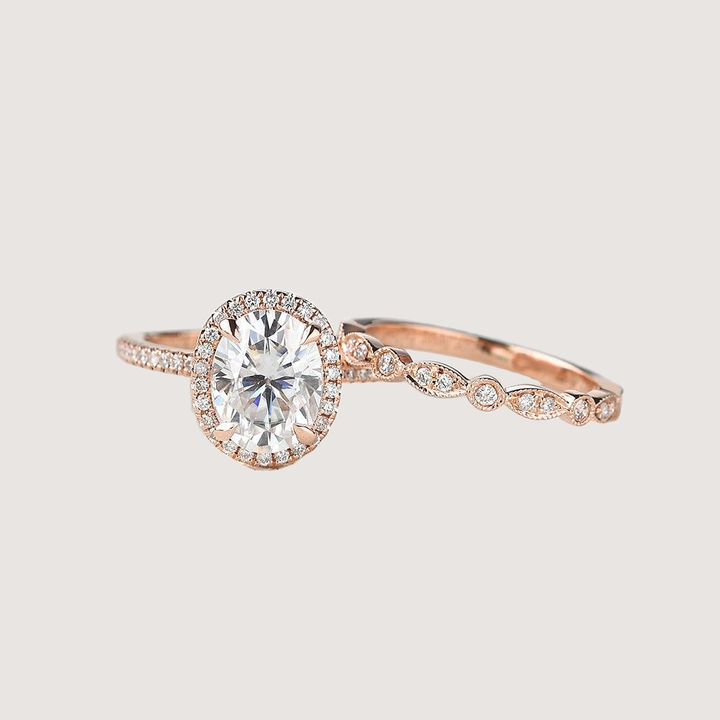 2.0ct Oval Moissanite Pave Vintage Halo Ring Set 2pcs - Olivia