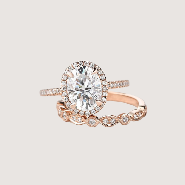2.0ct Oval Moissanite Pave Vintage Halo Ring Set 2pcs - Olivia