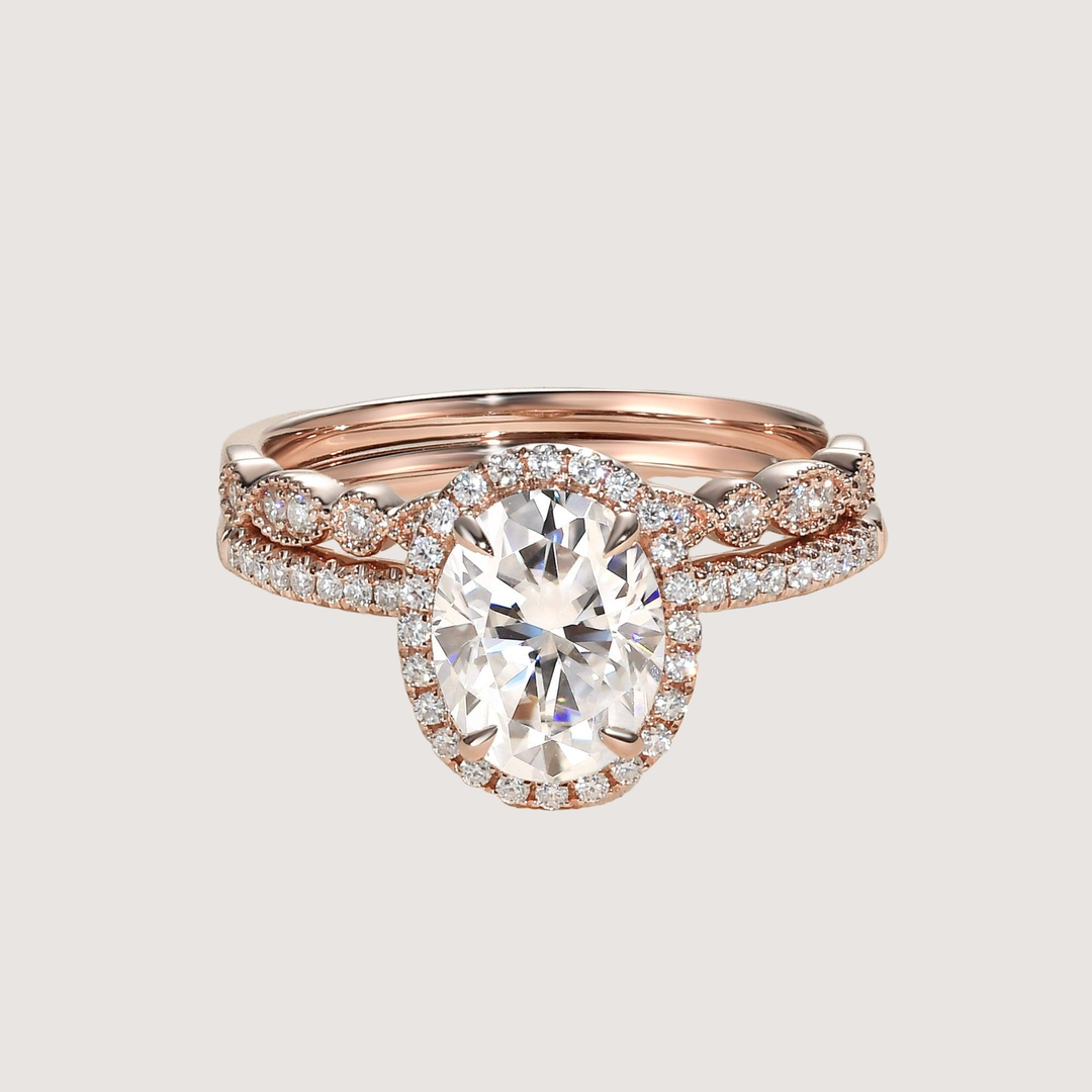 2.0ct Oval Moissanite Pave Vintage Halo Ring Set 2pcs - Olivia