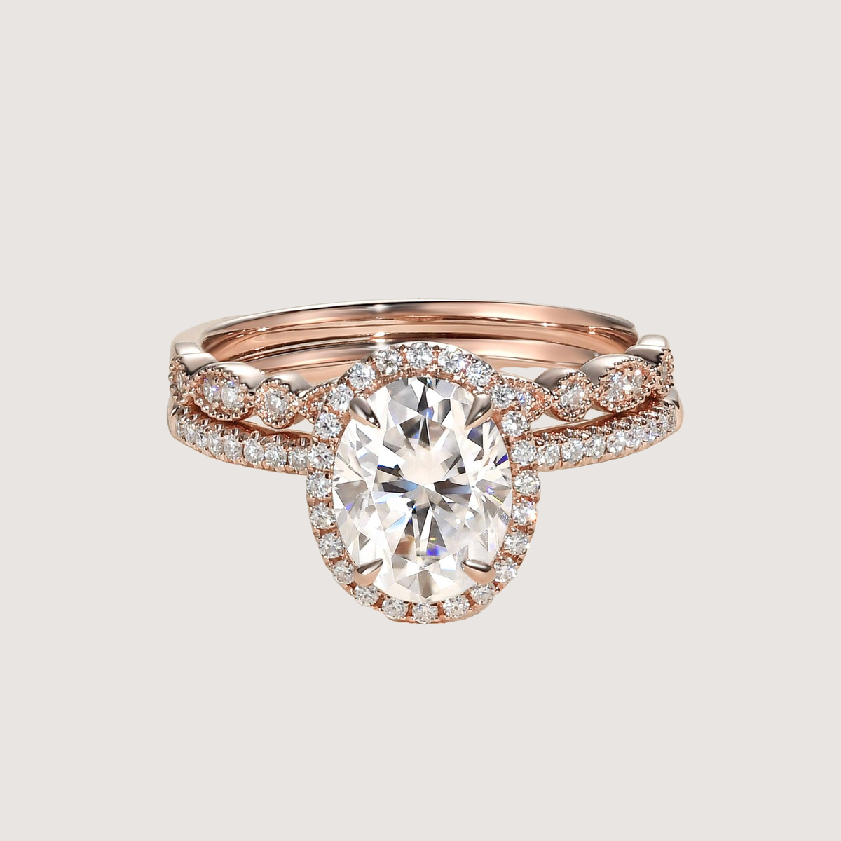 2.0ct Oval Moissanite Pave Vintage Halo Ring Set 2pcs - Olivia