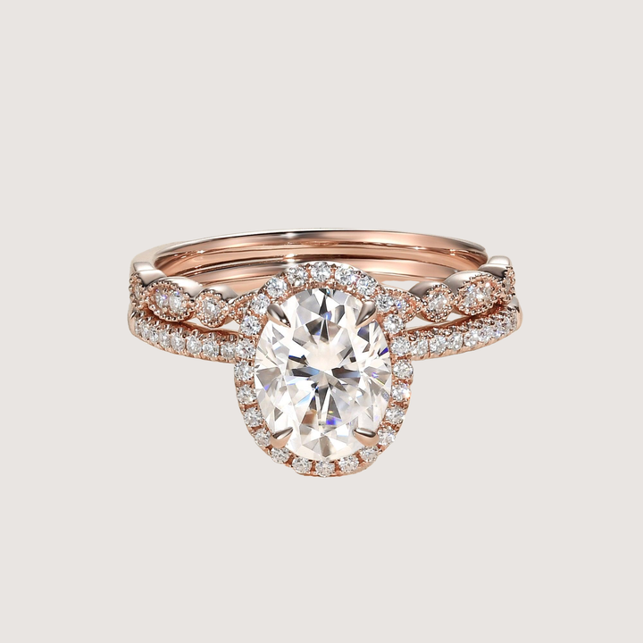 2.0ct Oval Moissanite Pave Vintage Halo Ring Set 2pcs - Olivia