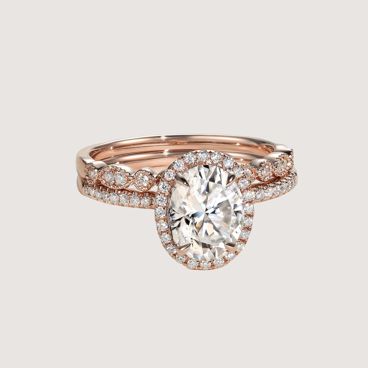 2.0ct Oval Moissanite Pave Vintage Halo Ring Set 2pcs - Olivia