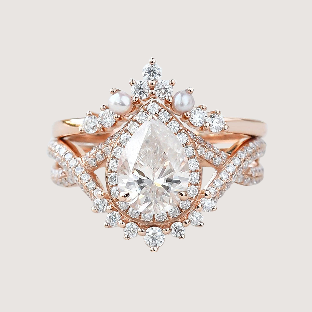 1.5ct Pear Moissanite Vintage Halo Infinity Ring Set 2pcs - Katherine