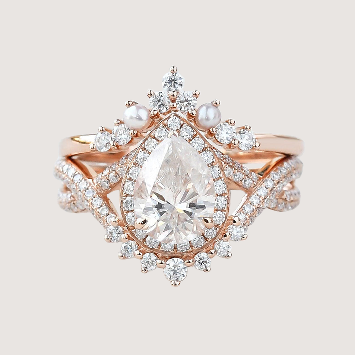 1.5ct Pear Moissanite Vintage Halo Infinity Ring Set 2pcs - Katherine