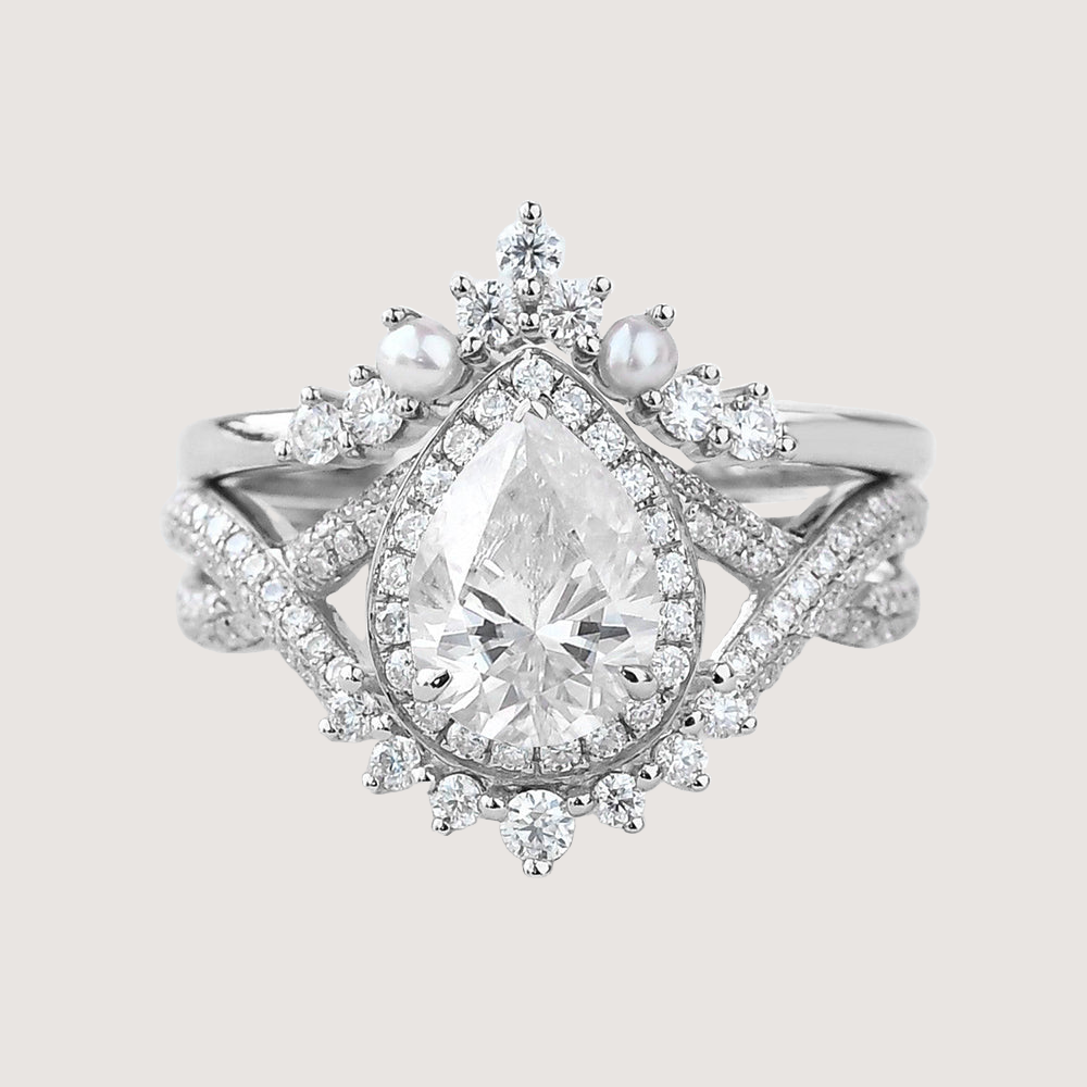 1.5ct Pear Moissanite Vintage Halo Infinity Ring Set 2pcs - Katherine