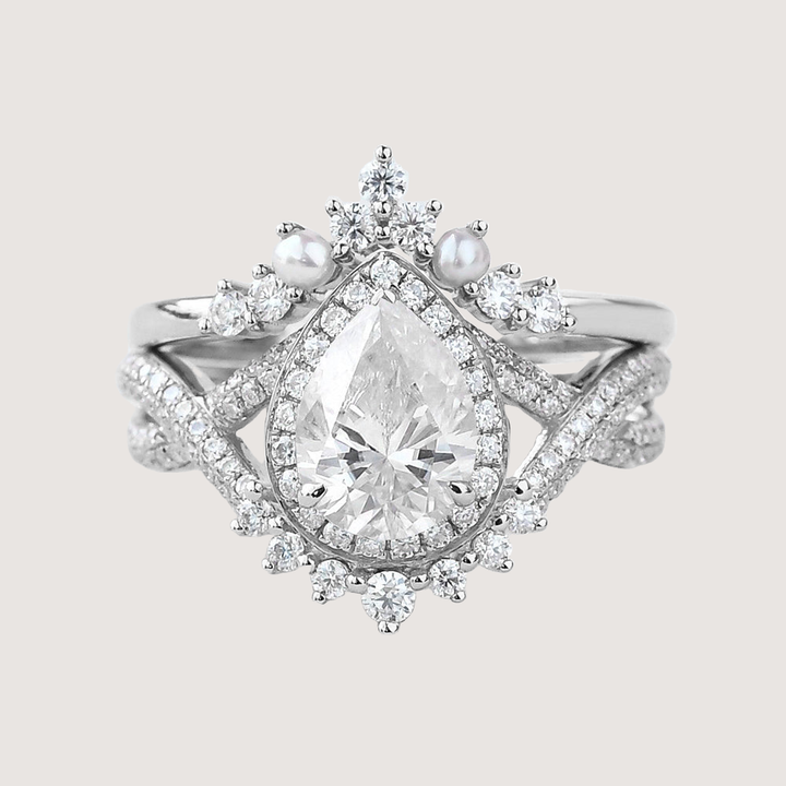 1.5ct Pear Moissanite Vintage Halo Infinity Ring Set 2pcs - Katherine