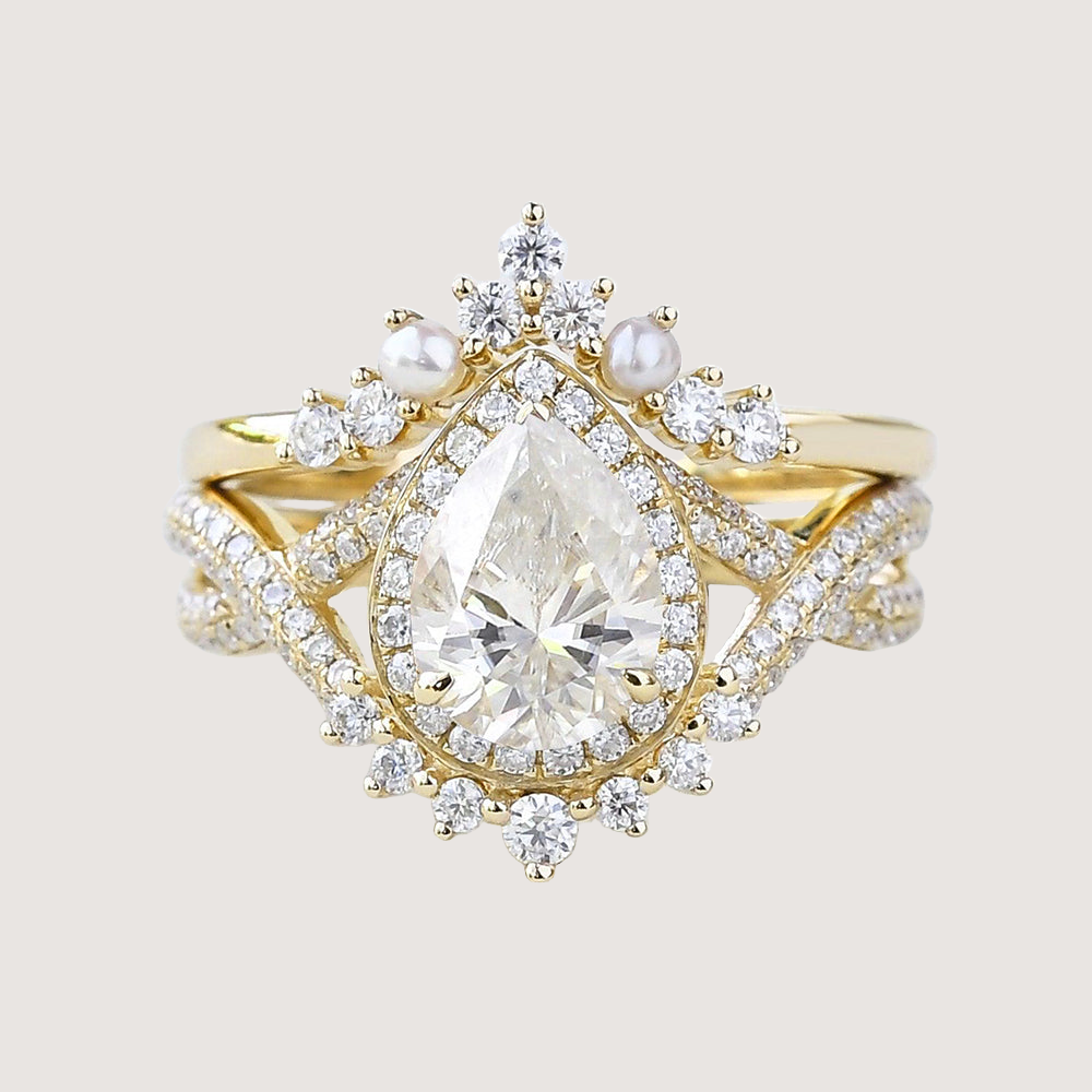 1.5ct Pear Moissanite Vintage Halo Infinity Ring Set 2pcs - Katherine
