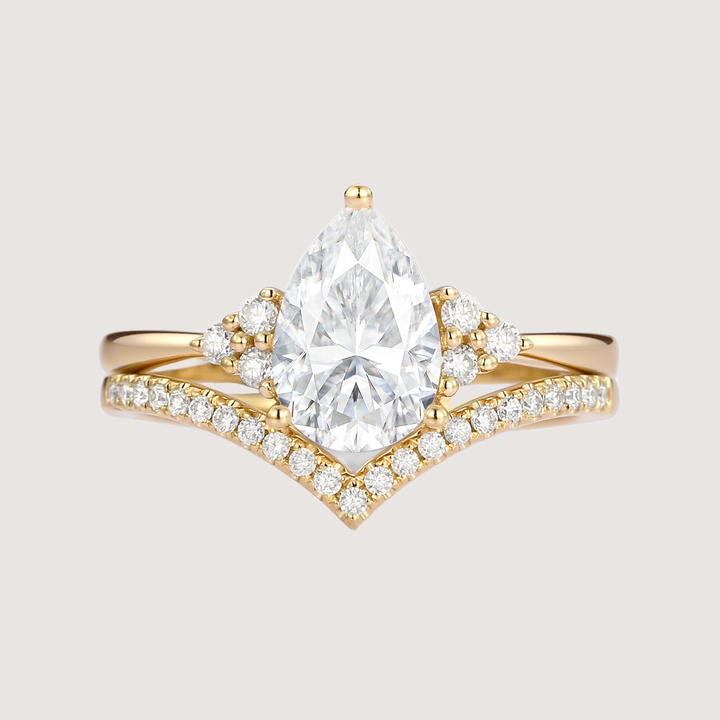 Pear Shaped Moissanite Chevron Rose Gold Ring Set 2pcs - Lily