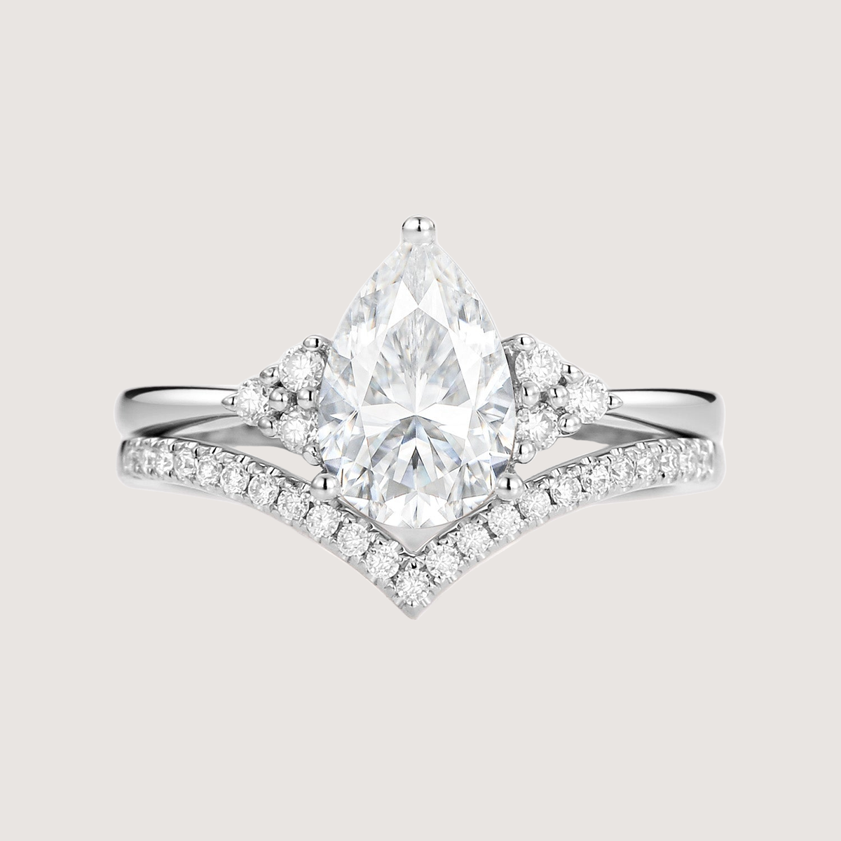 Pear Shaped Moissanite Chevron Rose Gold Ring Set 2pcs - Lily