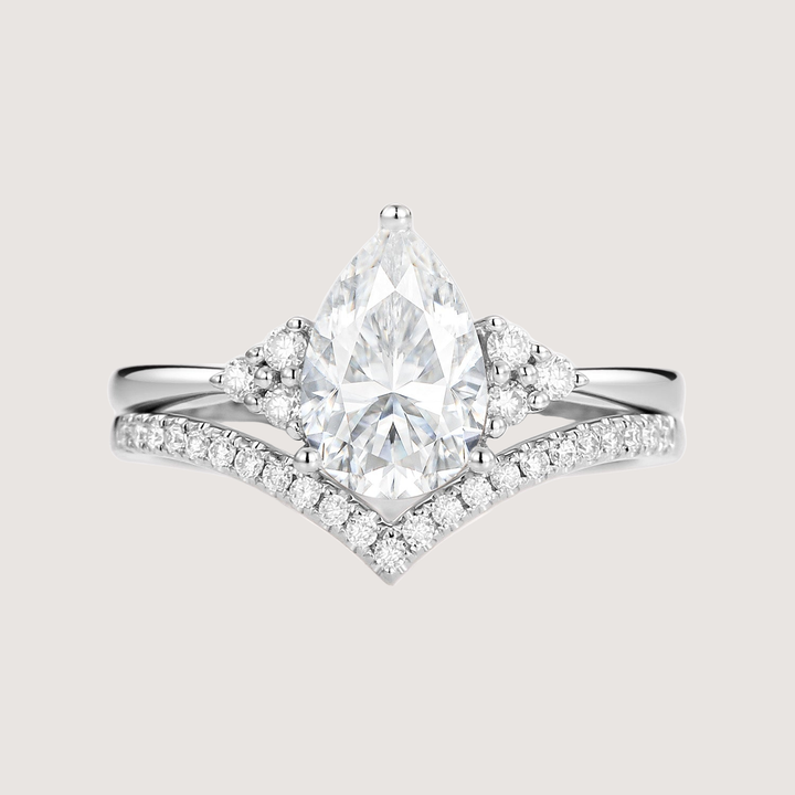 Pear Shaped Moissanite Chevron Rose Gold Ring Set 2pcs - Lily