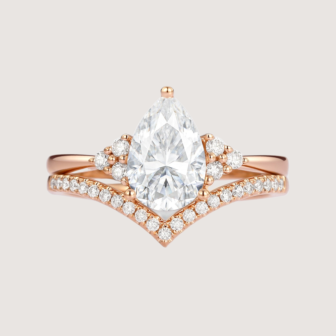 Pear Shaped Moissanite Chevron Rose Gold Ring Set 2pcs - Lily