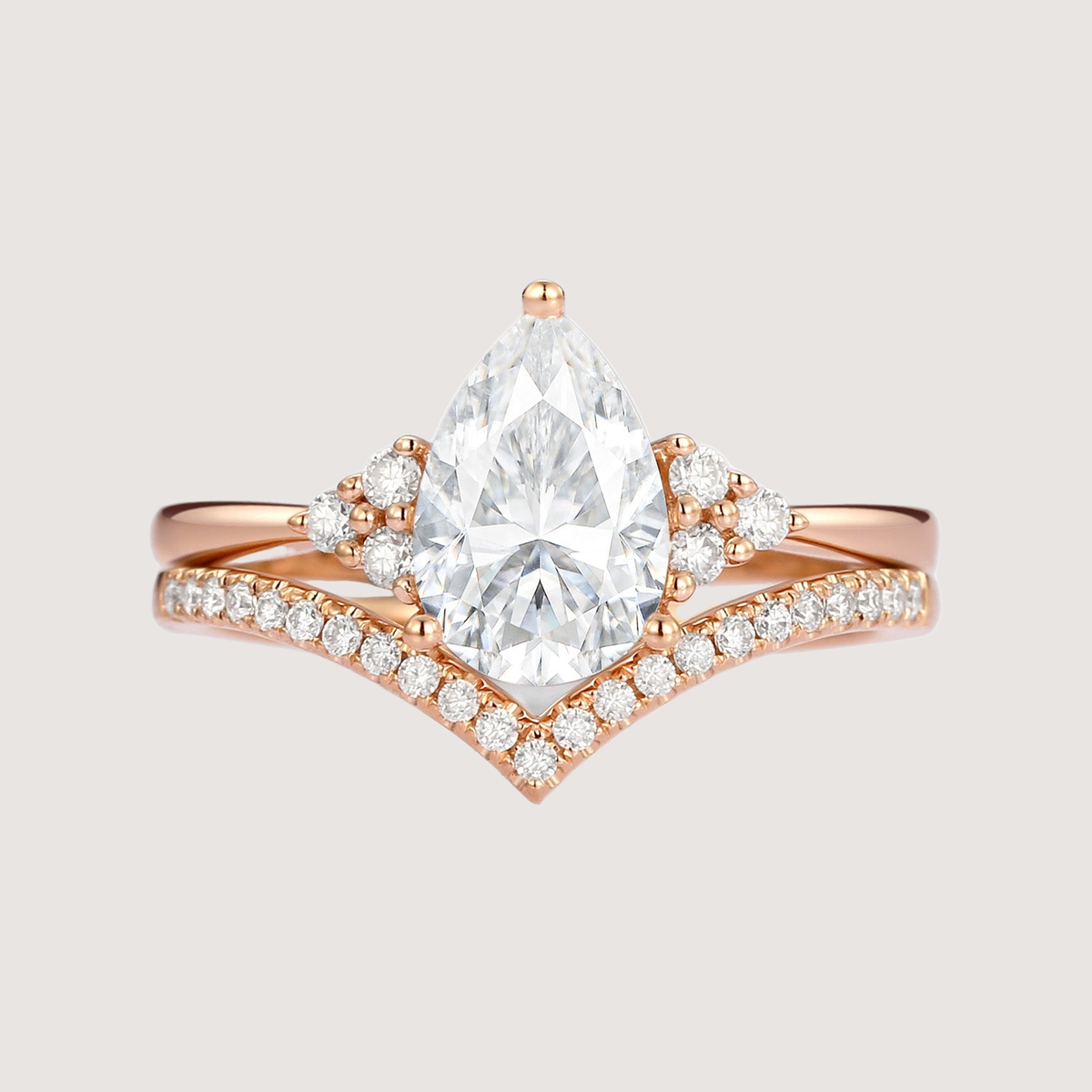 Pear Shaped Moissanite Chevron Rose Gold Ring Set 2pcs - Lily