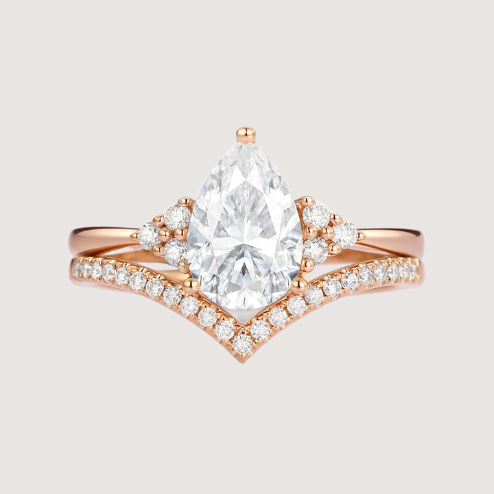 Pear Shaped Moissanite Chevron Rose Gold Ring Set 2pcs - Lily