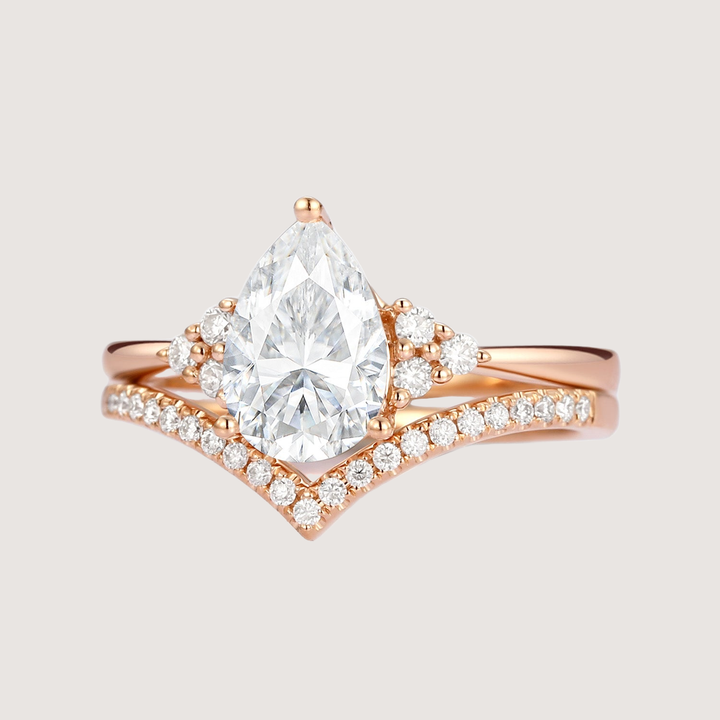 Pear Shaped Moissanite Chevron Rose Gold Ring Set 2pcs - Lily