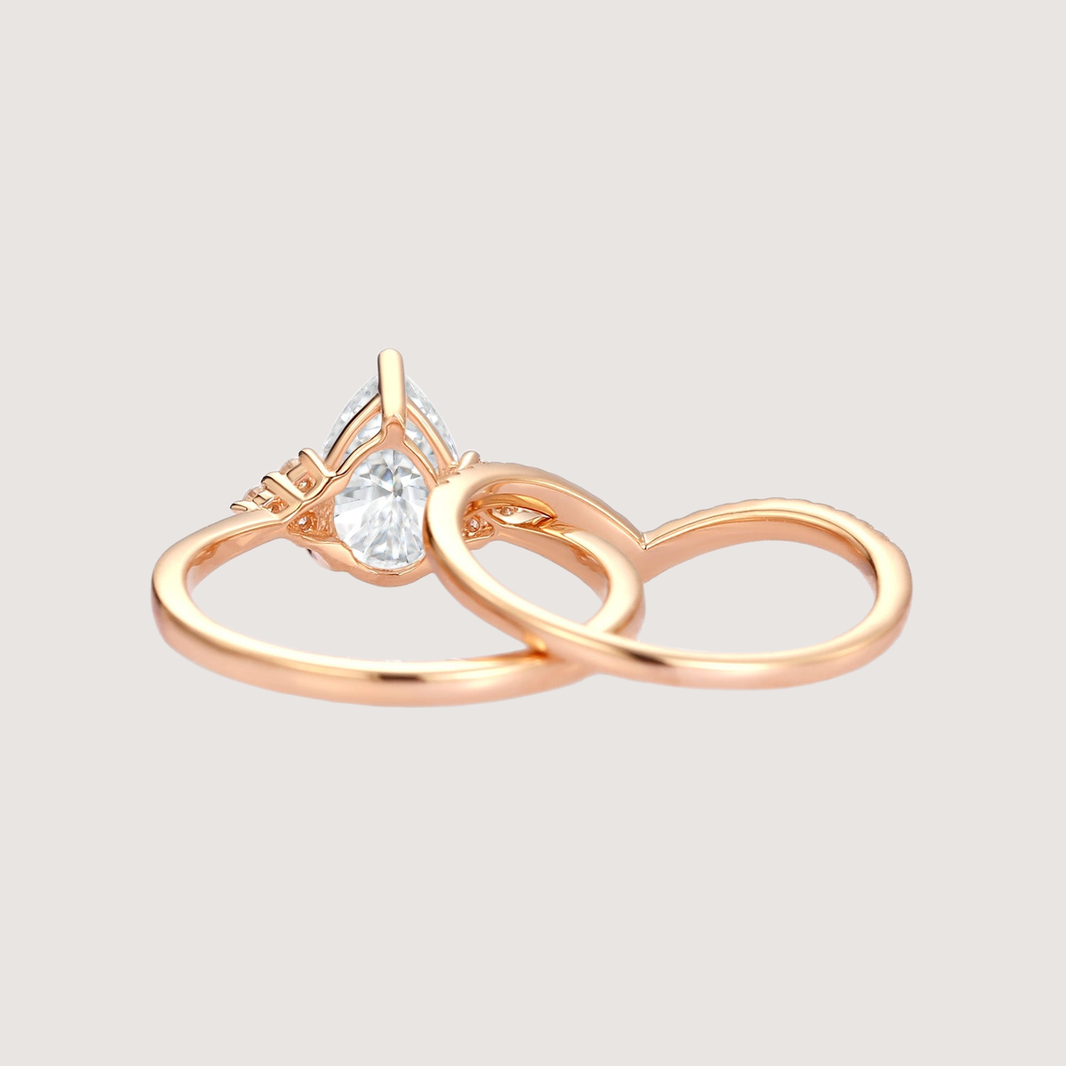 Pear Shaped Moissanite Chevron Rose Gold Ring Set 2pcs - Lily