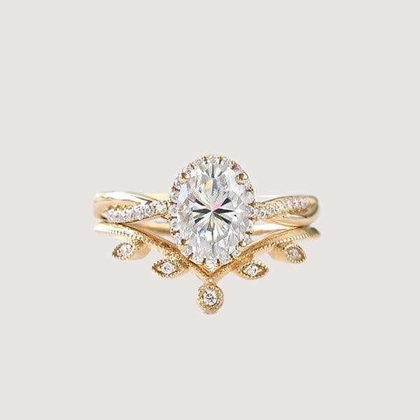 1.5ct Oval Moissanite Leafy Twist Halo Ring Set 2pcs