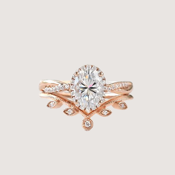 1.5ct Oval Moissanite Leafy Twist Halo Ring Set 2pcs