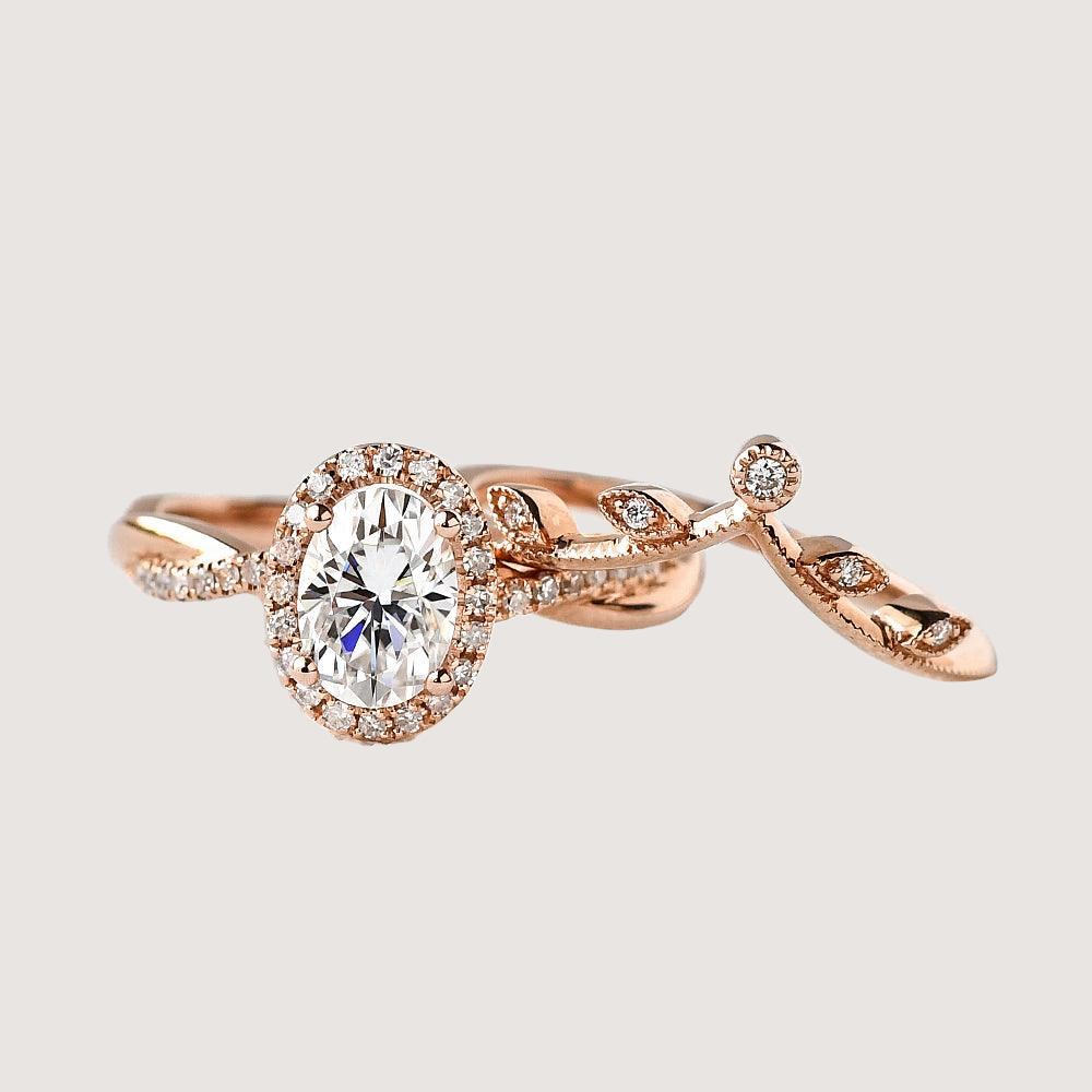 1.5ct Oval Moissanite Leafy Twist Halo Ring Set 2pcs