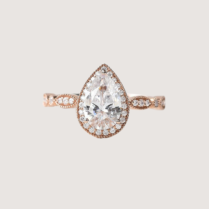 1.5ct Pear Cut Halo Colorless Moissanite Ring