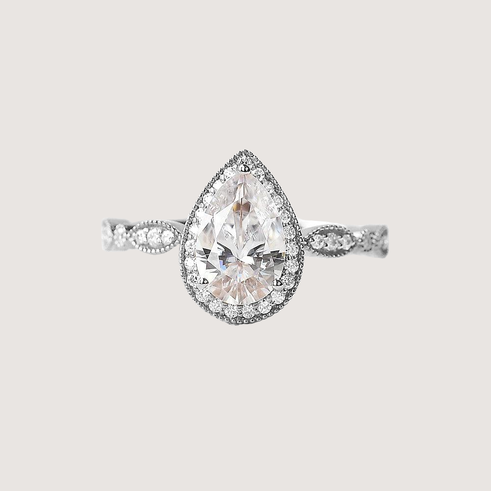 1.5ct Pear Cut Halo Colorless Moissanite Ring