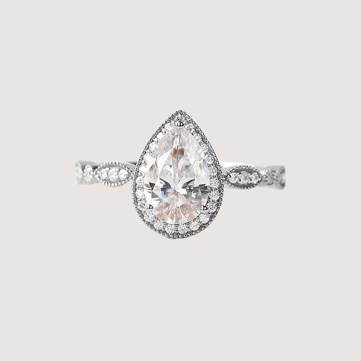 1.5ct Pear Cut Halo Colorless Moissanite Ring